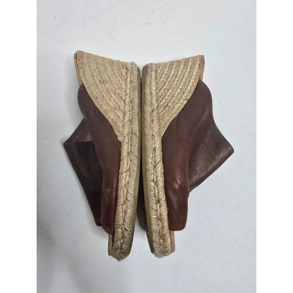 Anthropologie Gaimo Brown Leather Espadrille Wedge Sandals